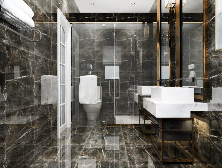 3d rendering modern black bathroom with luxury tile decor